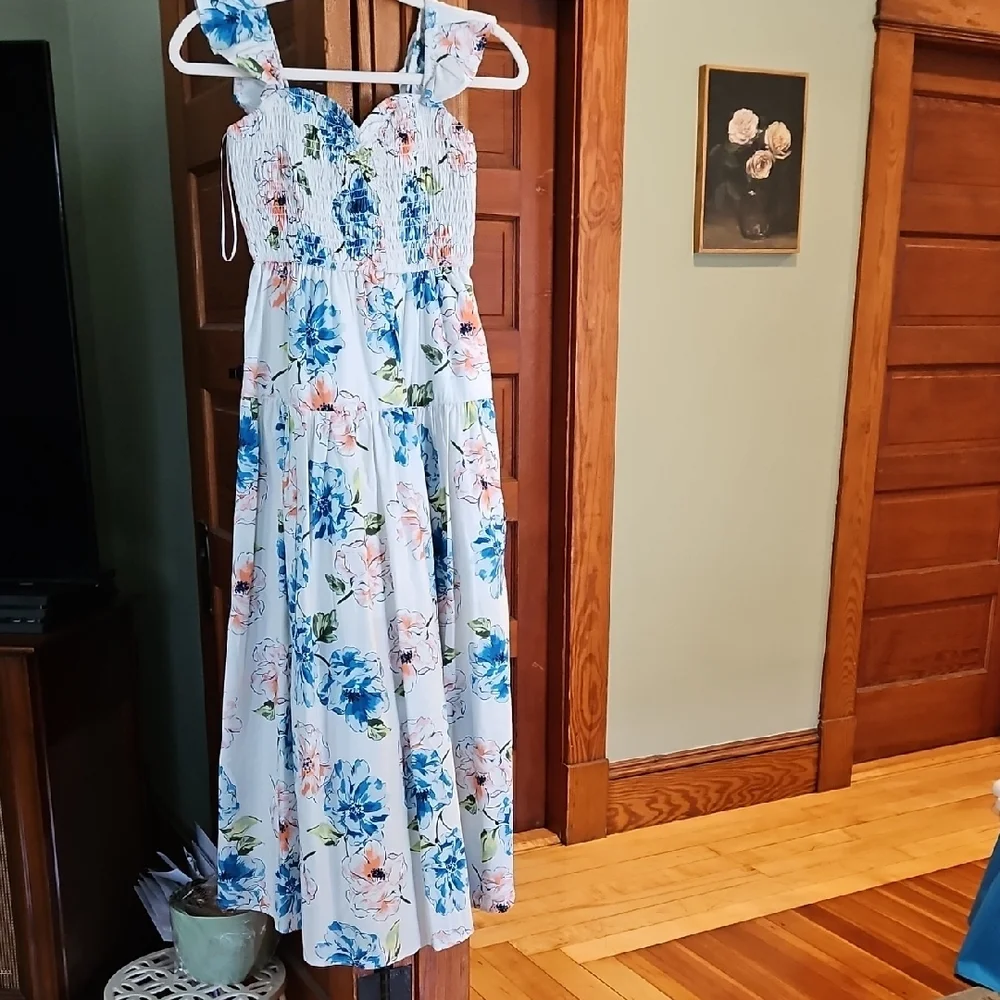 Abercrombie & Fitch Smocked Maxi Dress Blue and Pink